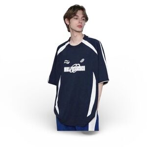 AELFRIC EDEN Contrast Color Stripe Soccer Jersey, Size Medium NWT Blue White